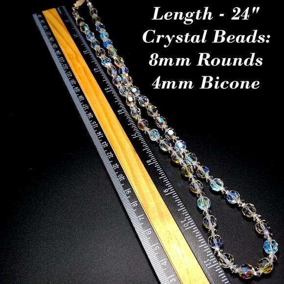 Vintage Crystal Aurora Borealis Beaded Necklace, Wedding Beads, 1960s, 24 Inch - Picture 4 of 7